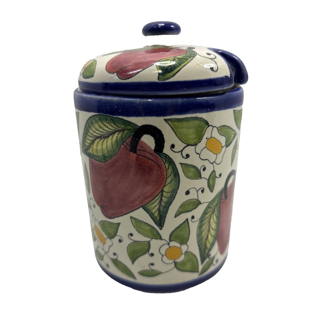 Talavera Lidded Canister Signed Hecho A Mano Puebla Mexico Apples 5.5" Tlalpan